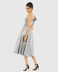Silver One Shoulder Bow Midi Dress