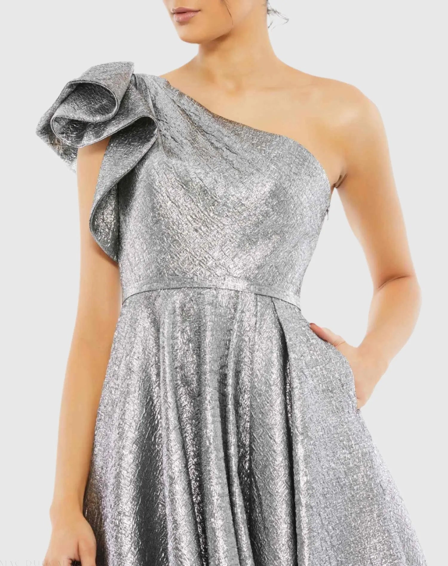 Silver One Shoulder Bow Midi Dress