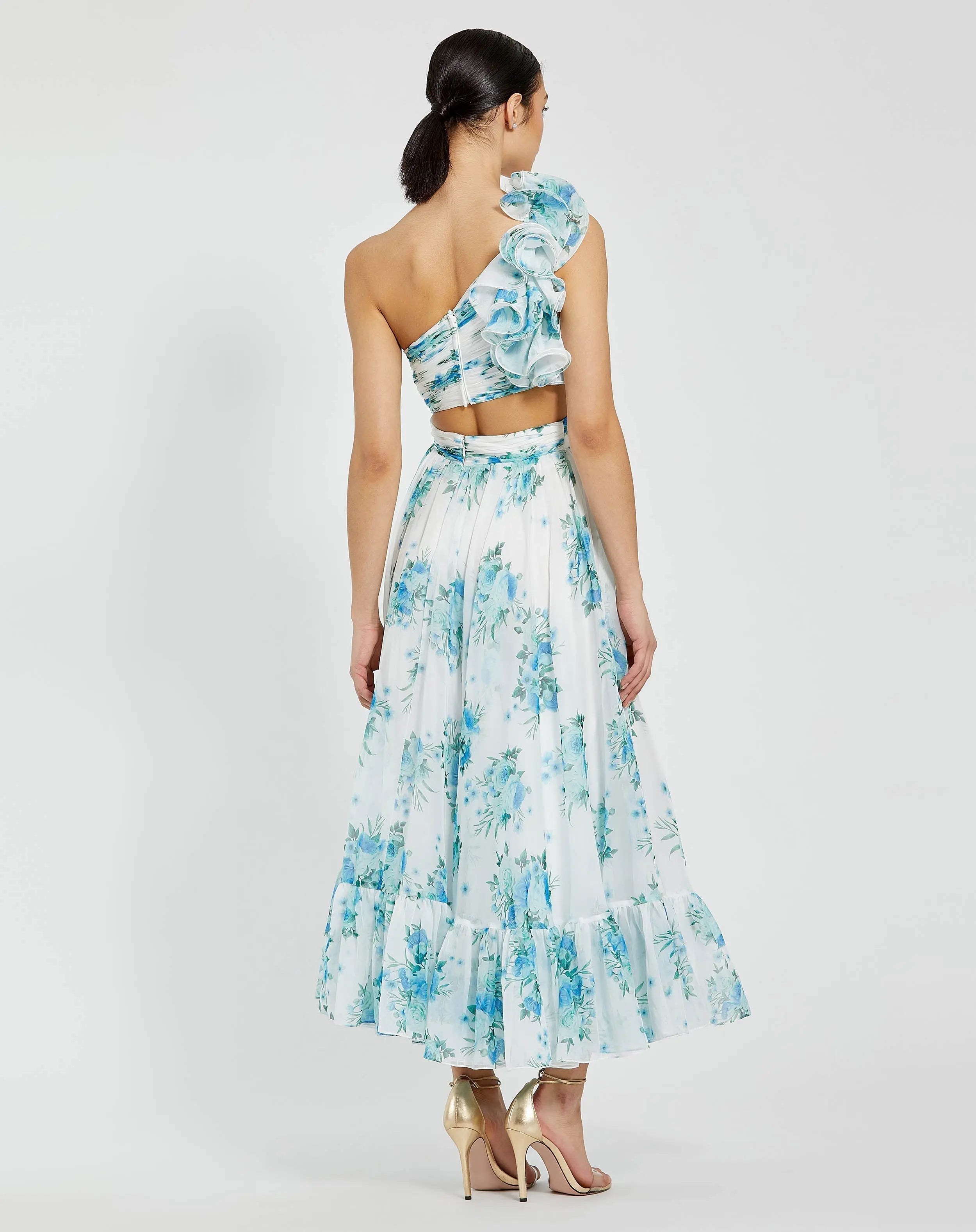 White One Shoulder Ruffle Cut-Out Chiffon Midi Dress