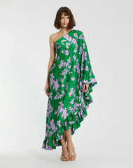 Green Printed Charmeuse One Shoulder Draped Gown