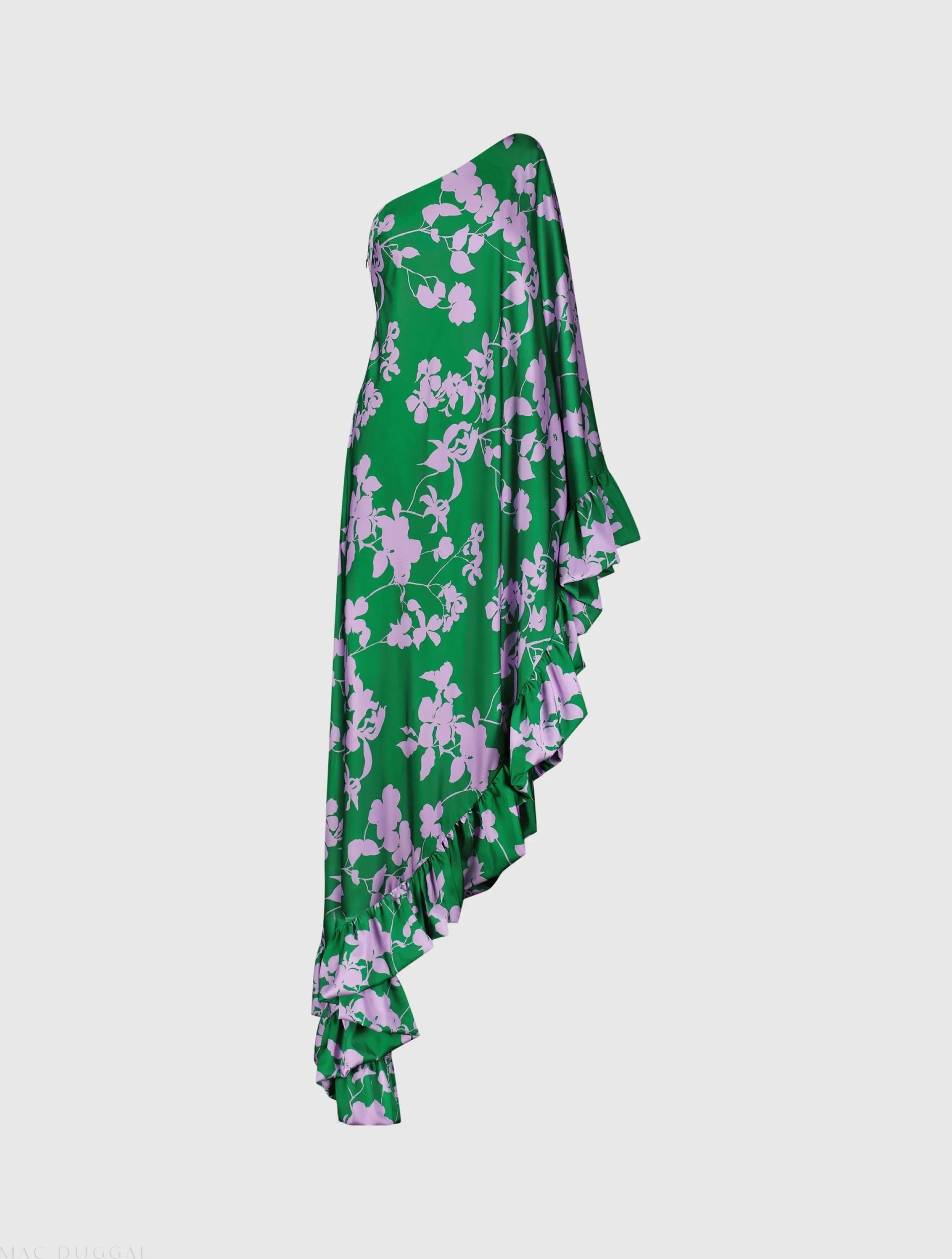 Green Printed Charmeuse One Shoulder Draped Gown