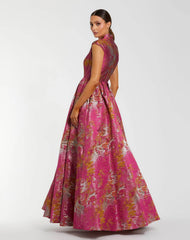 Pink Metallic Jacquard Ball Gown with Mandarin Collar and Cap Sleeves
