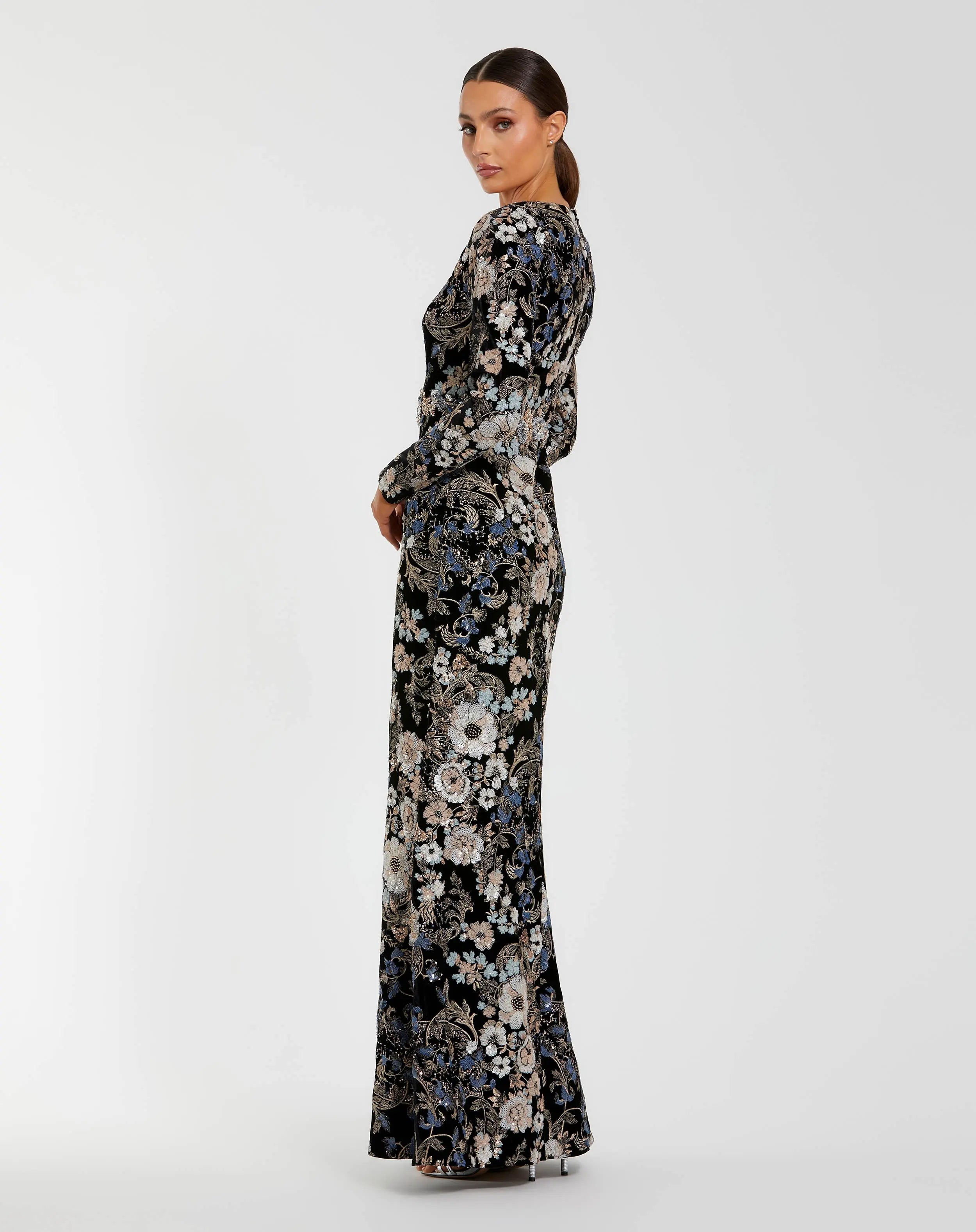 Black Multicolor Embroidered Velvet Evening Gown with Long Sleeves