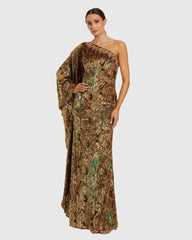 Gold One-Shoulder Metallic Burnout Velvet Evening Gown
