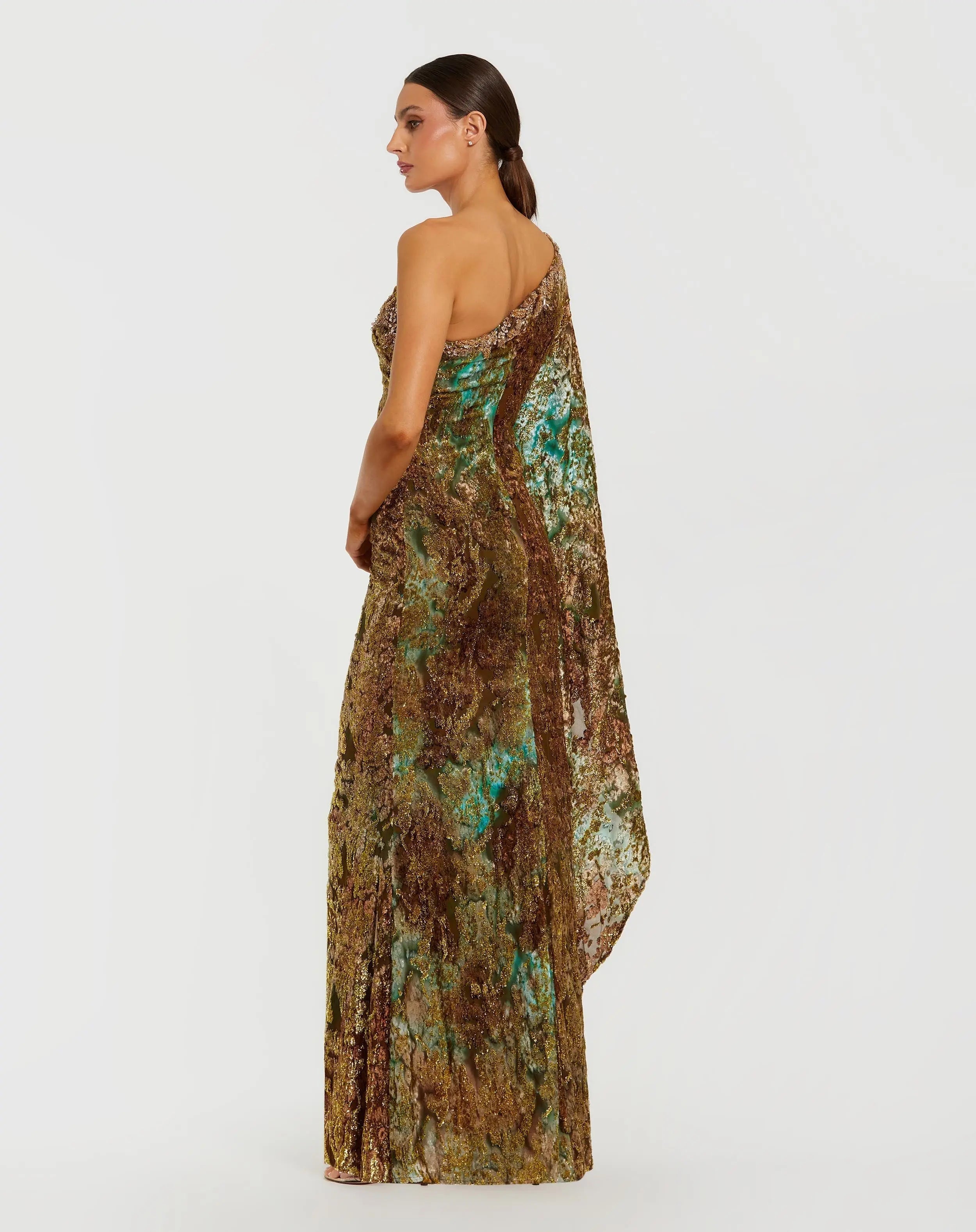 Gold One-Shoulder Metallic Burnout Velvet Evening Gown