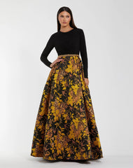 Black and Yellow Brocade Jersey Long Sleeve Ball Gown