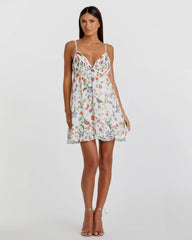 White Butterfly Print Ruffle Hem Mini Dress