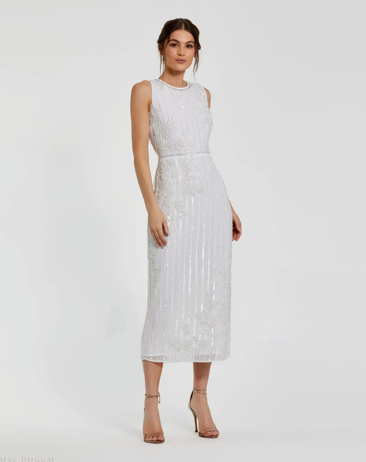 White Striped Floral Embellished Sleeveless Midi Dress