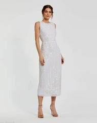 White Striped Floral Embellished Sleeveless Midi Dress