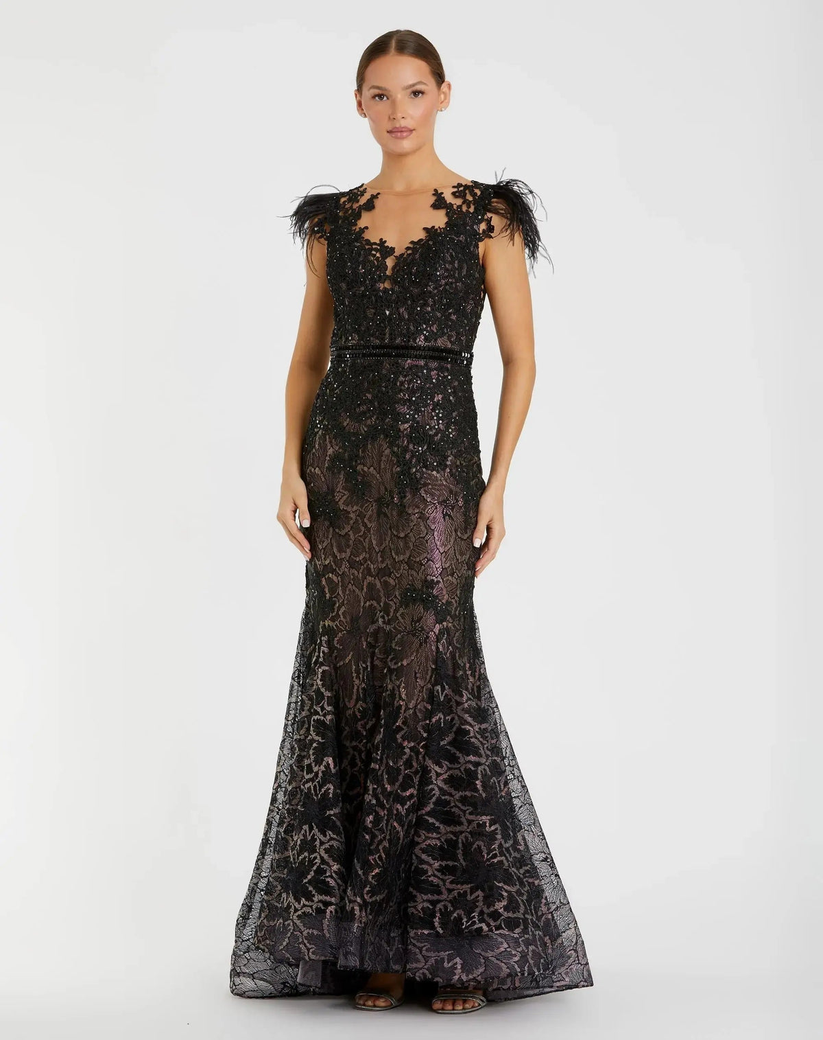 Black Embellished Feather Cap Sleeve Illusion Neck Trumpet Gown