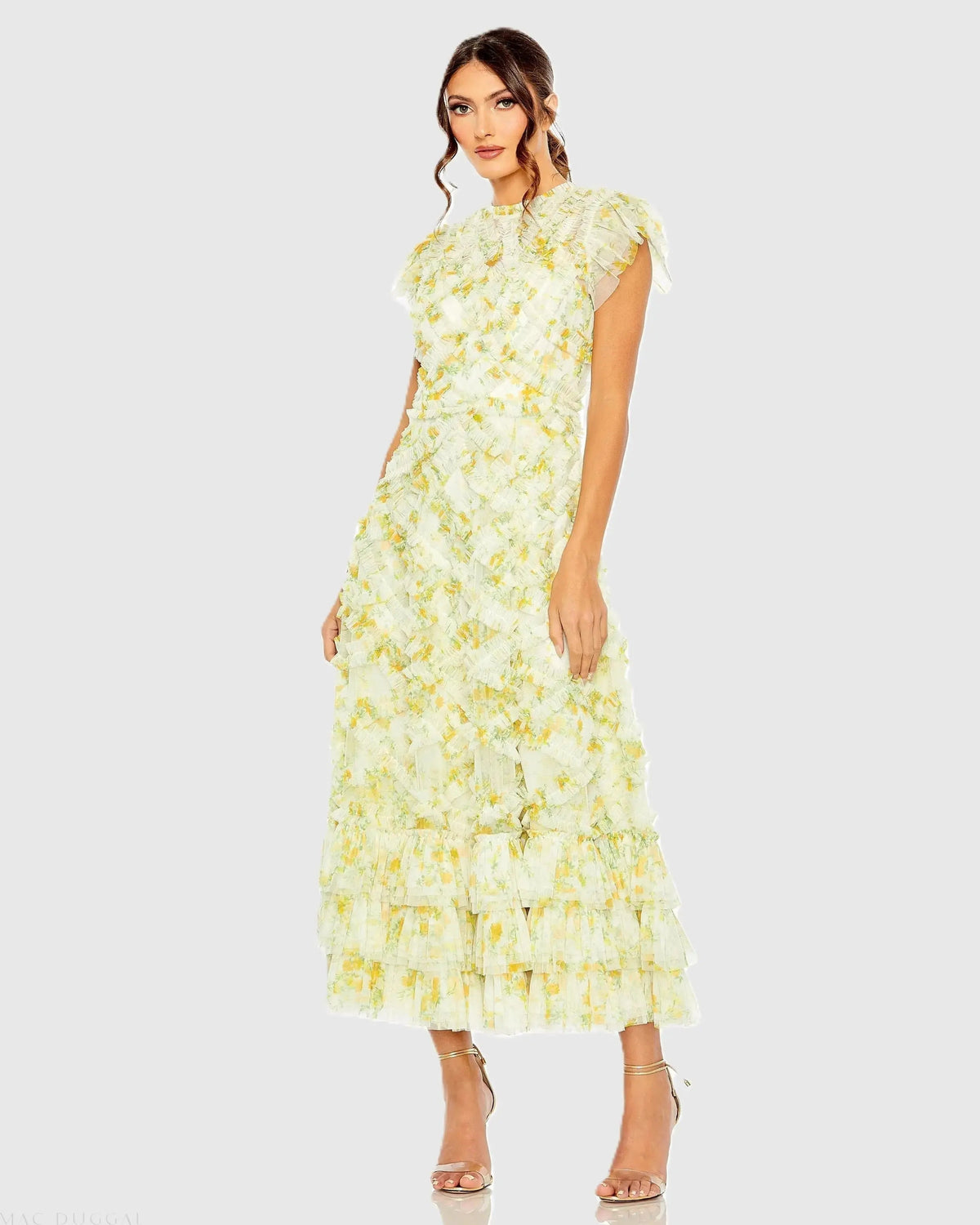 Yellow High Neck Ruffle Cap Sleeve Floral Dress