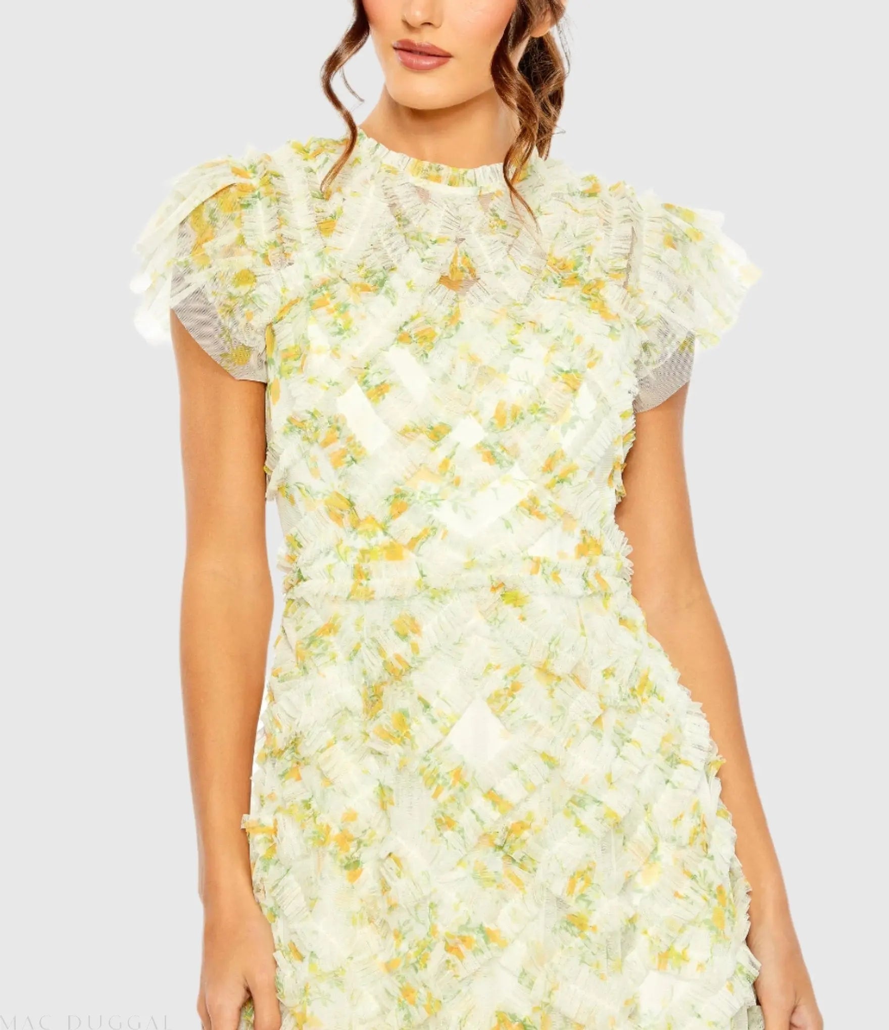 Yellow High Neck Ruffle Cap Sleeve Floral Dress