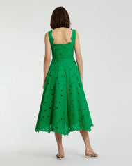Green Embroidered Floral A Line Midi Dress