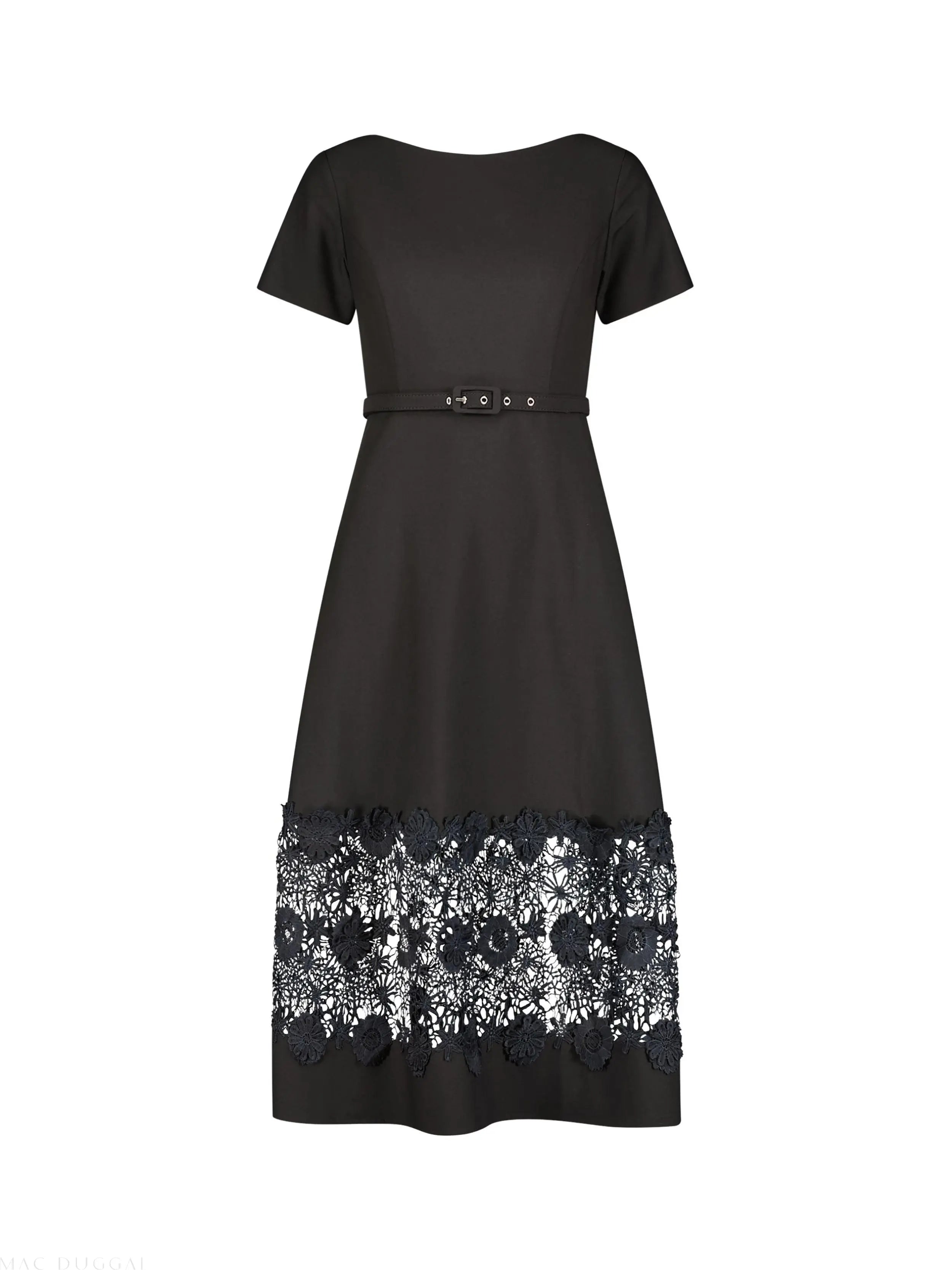 Black Crepe Boat Neck Midi Dress With Belt