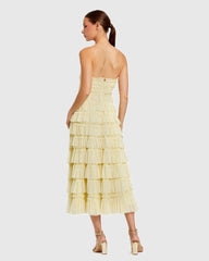 Yellow Mesh Micro Ruffle Strapless Midi Dress