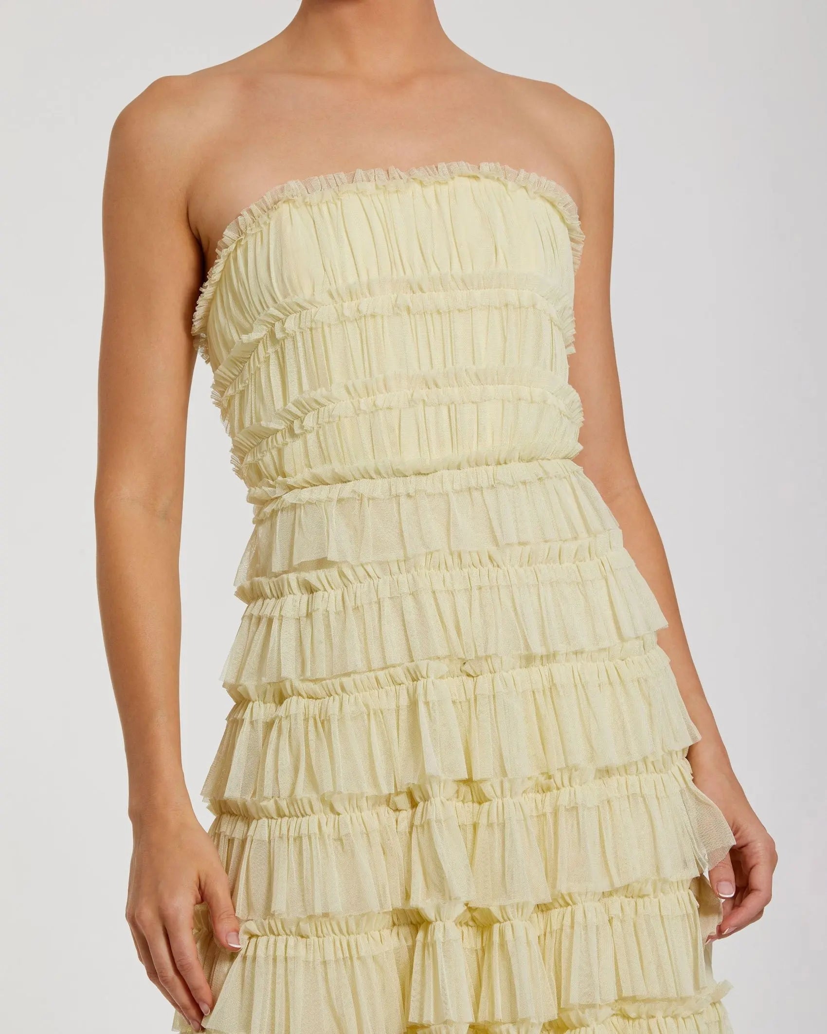 Yellow Mesh Micro Ruffle Strapless Midi Dress