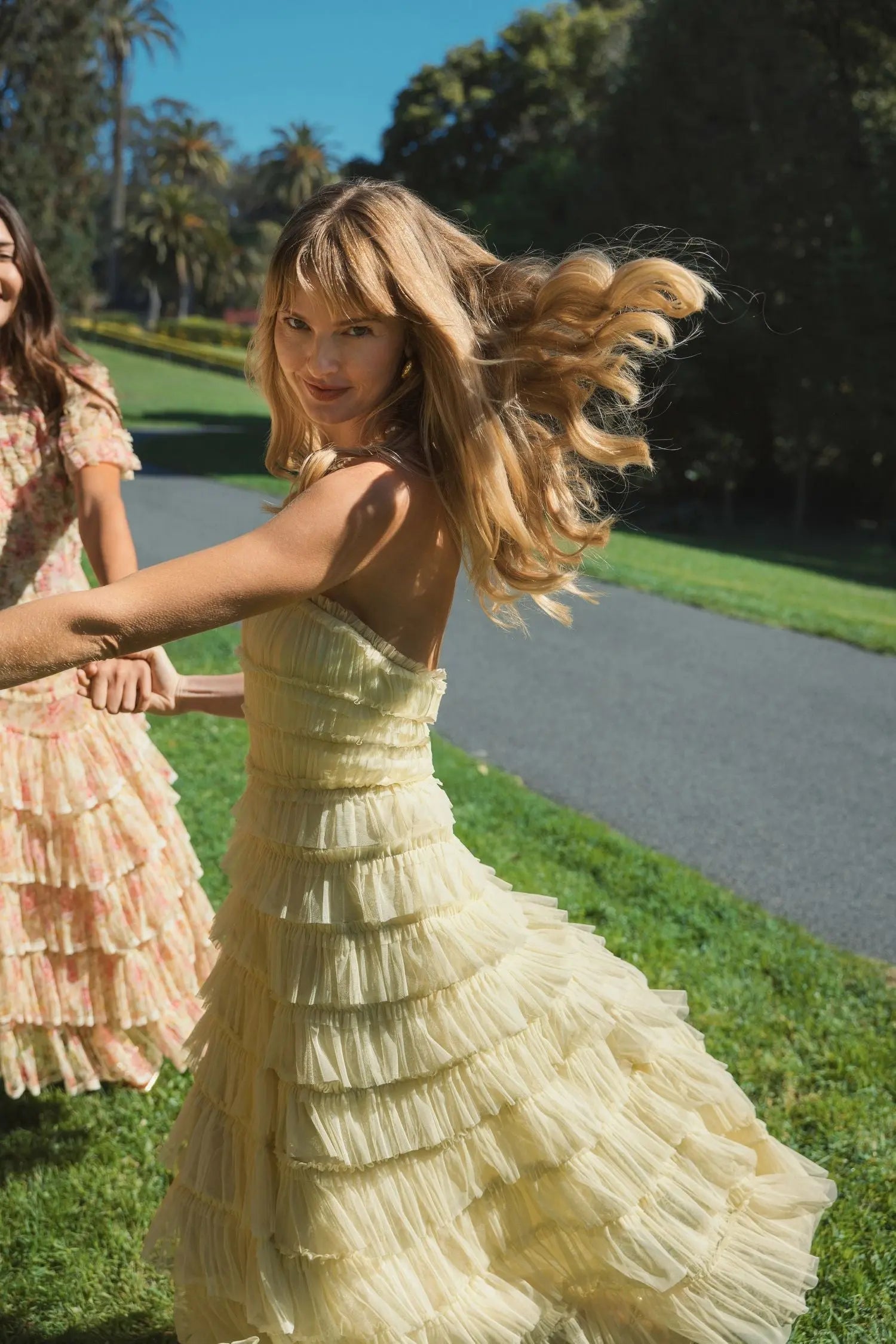 Yellow Mesh Micro Ruffle Strapless Midi Dress