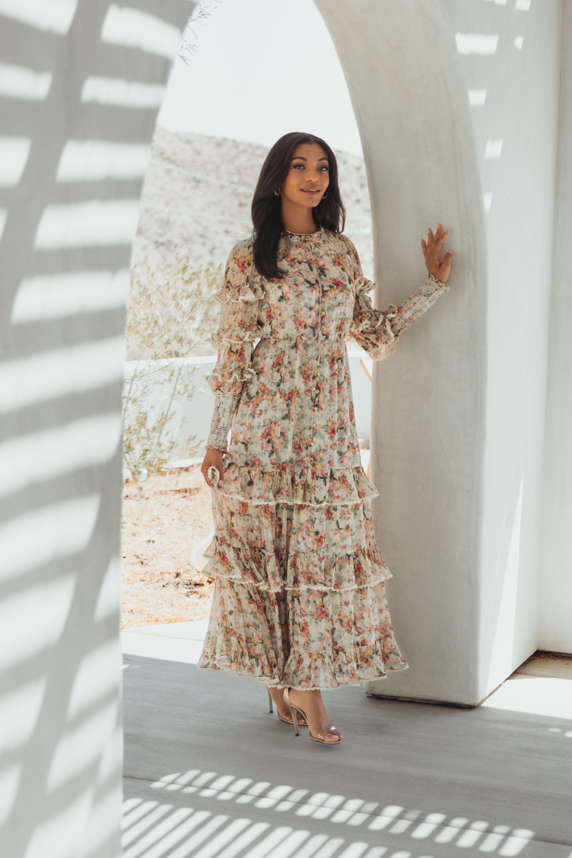 Beige Floral Tiered Ruffle Midi Dress with Long Sleeves