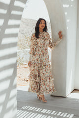 Beige Floral Tiered Ruffle Midi Dress with Long Sleeves