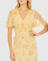 Yellow Floral Embellished Flutter Sleeve Tiered Dress