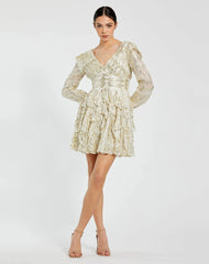 White and Gold Long Sleeve Ruched Ruffle Mini Dress