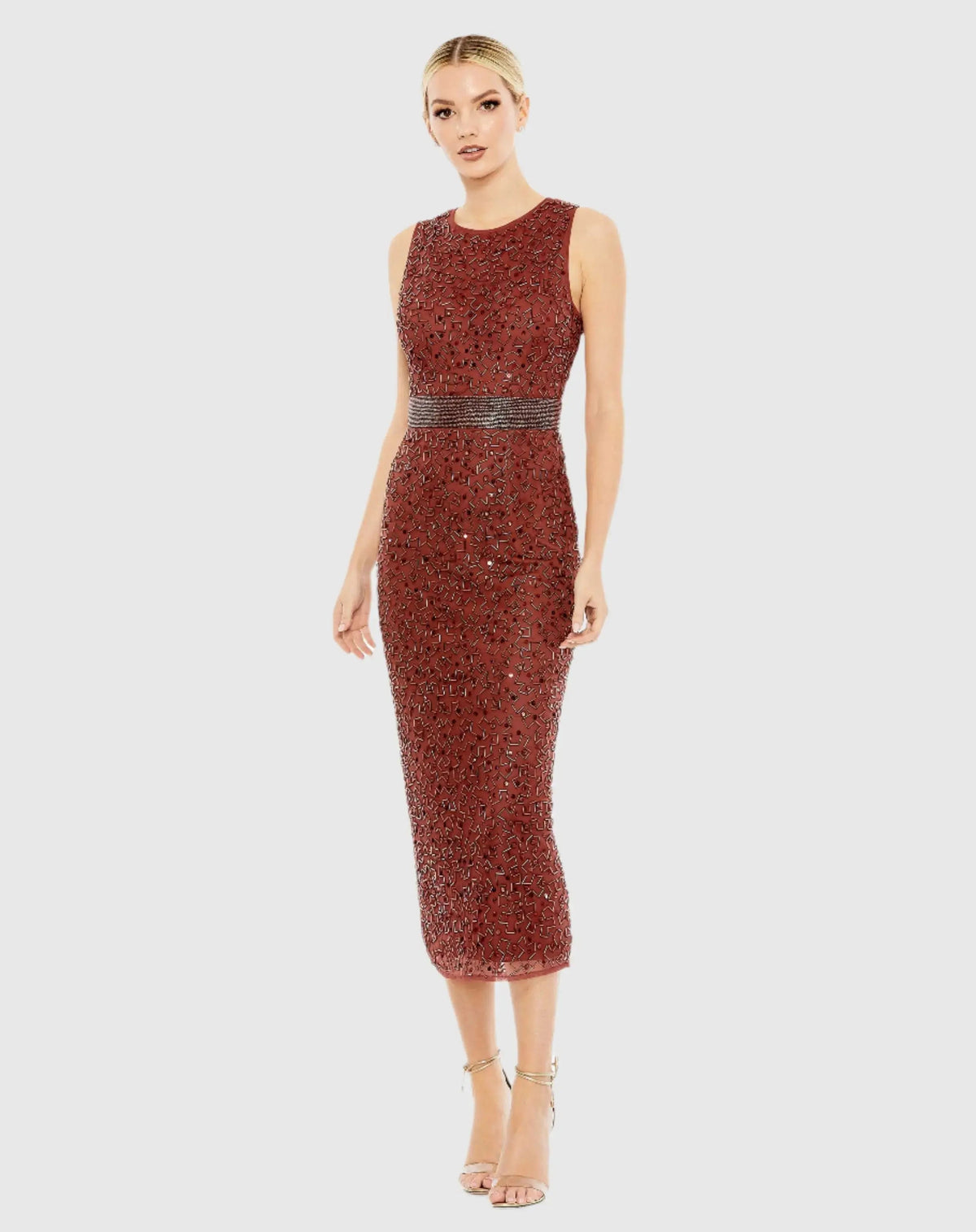 Red Geometric Embellished Sleeveless Sheath Dress