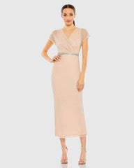 Pink Beaded Wrap V-Neck Cap Sleeve Dress