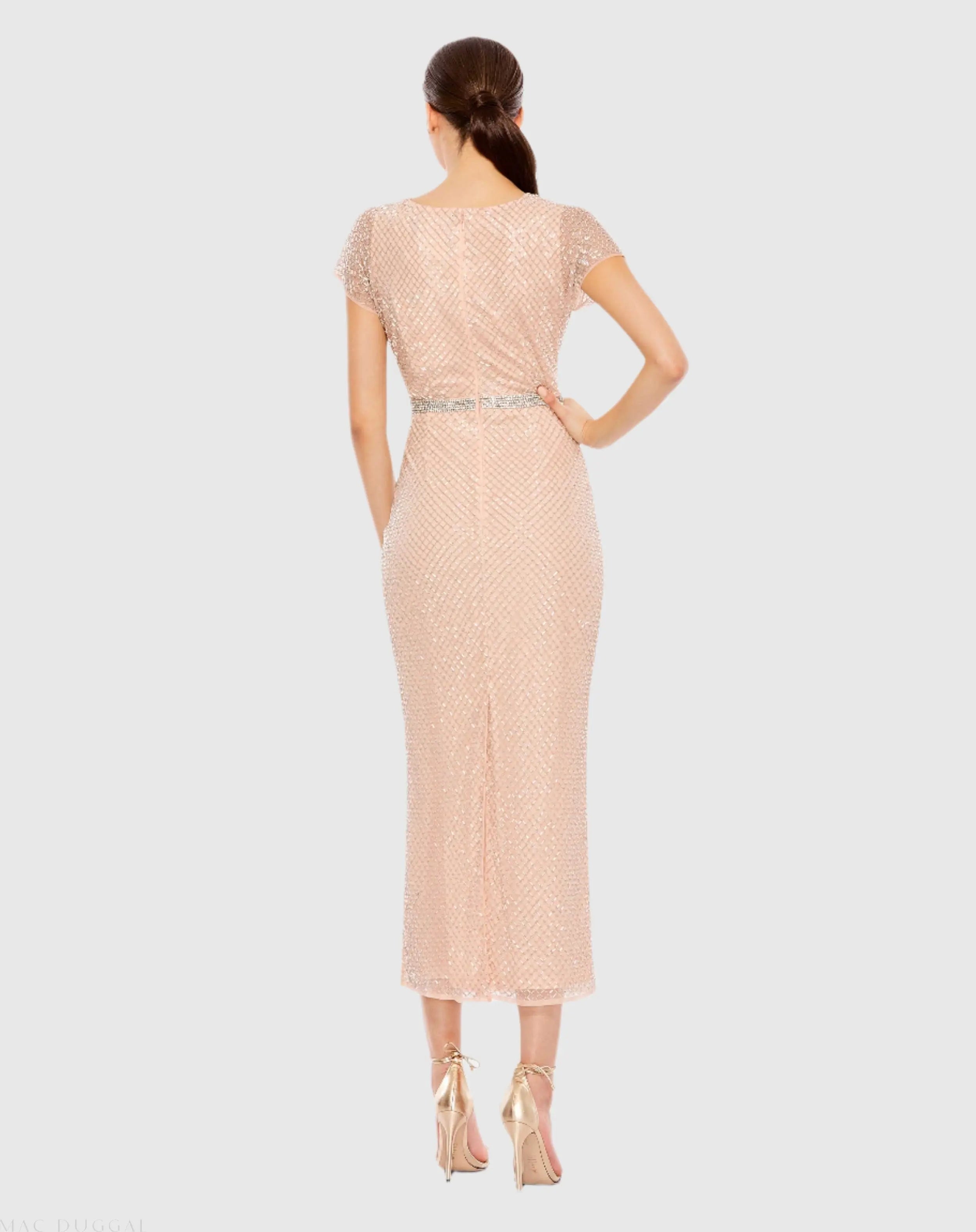 Pink Beaded Wrap V-Neck Cap Sleeve Dress