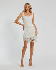 White Pearl Beaded Square Neck Mini Dress