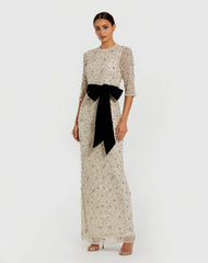 Ivory 3/4 Sleeve Embellished Column Gown with Velvet Bow Belt