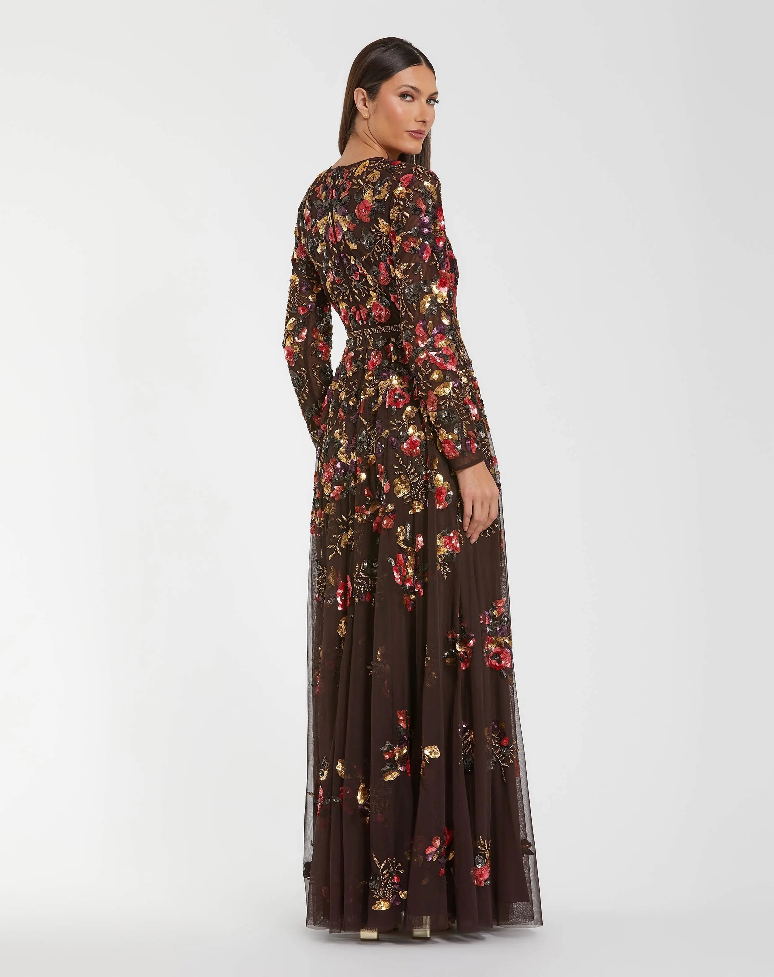 Brown Long Sleeve Floral Embellished Evening Gown