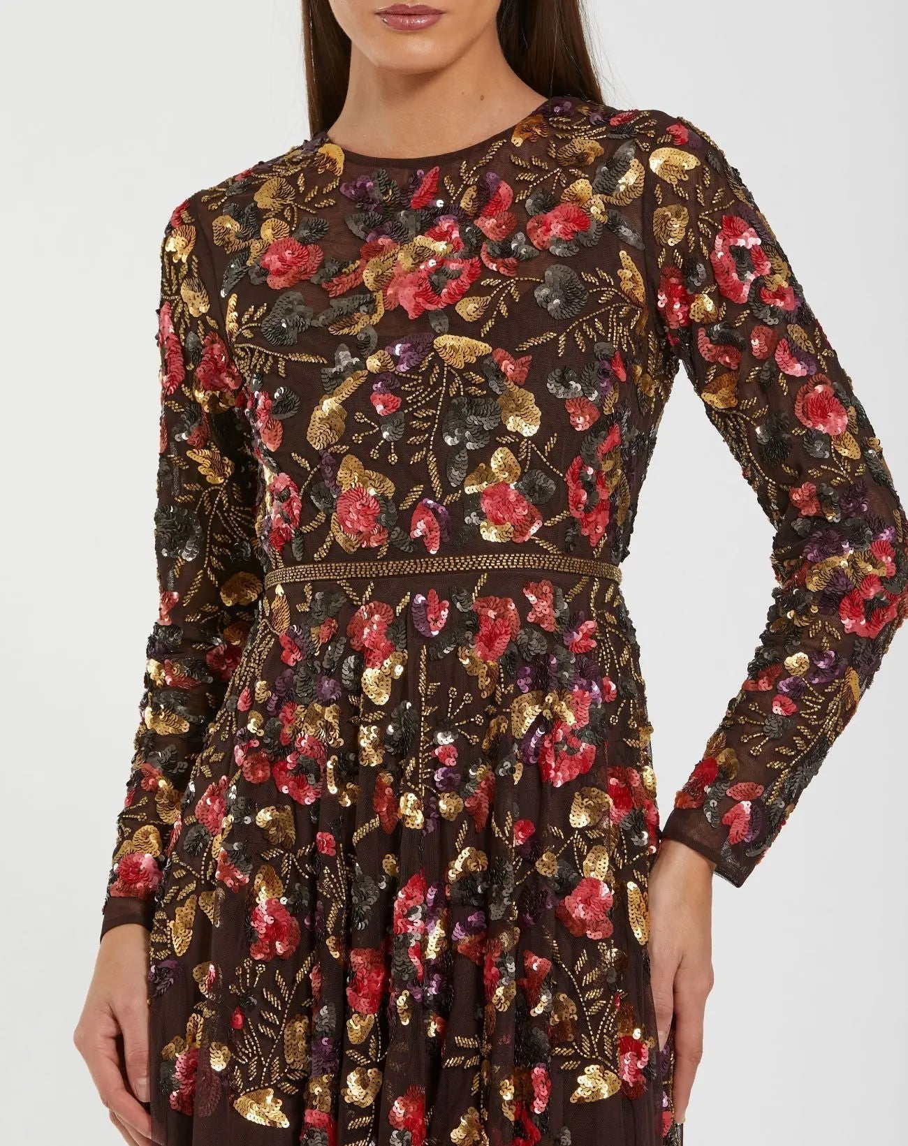 Brown Long Sleeve Floral Embellished Evening Gown