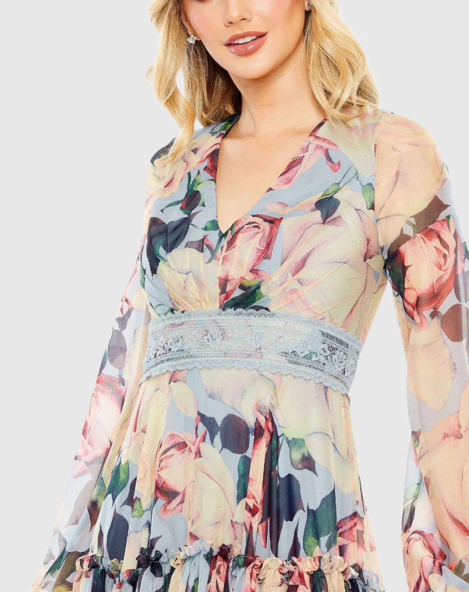 Multicolor Floral Puff Sleeve Dress With Embroidered Waist