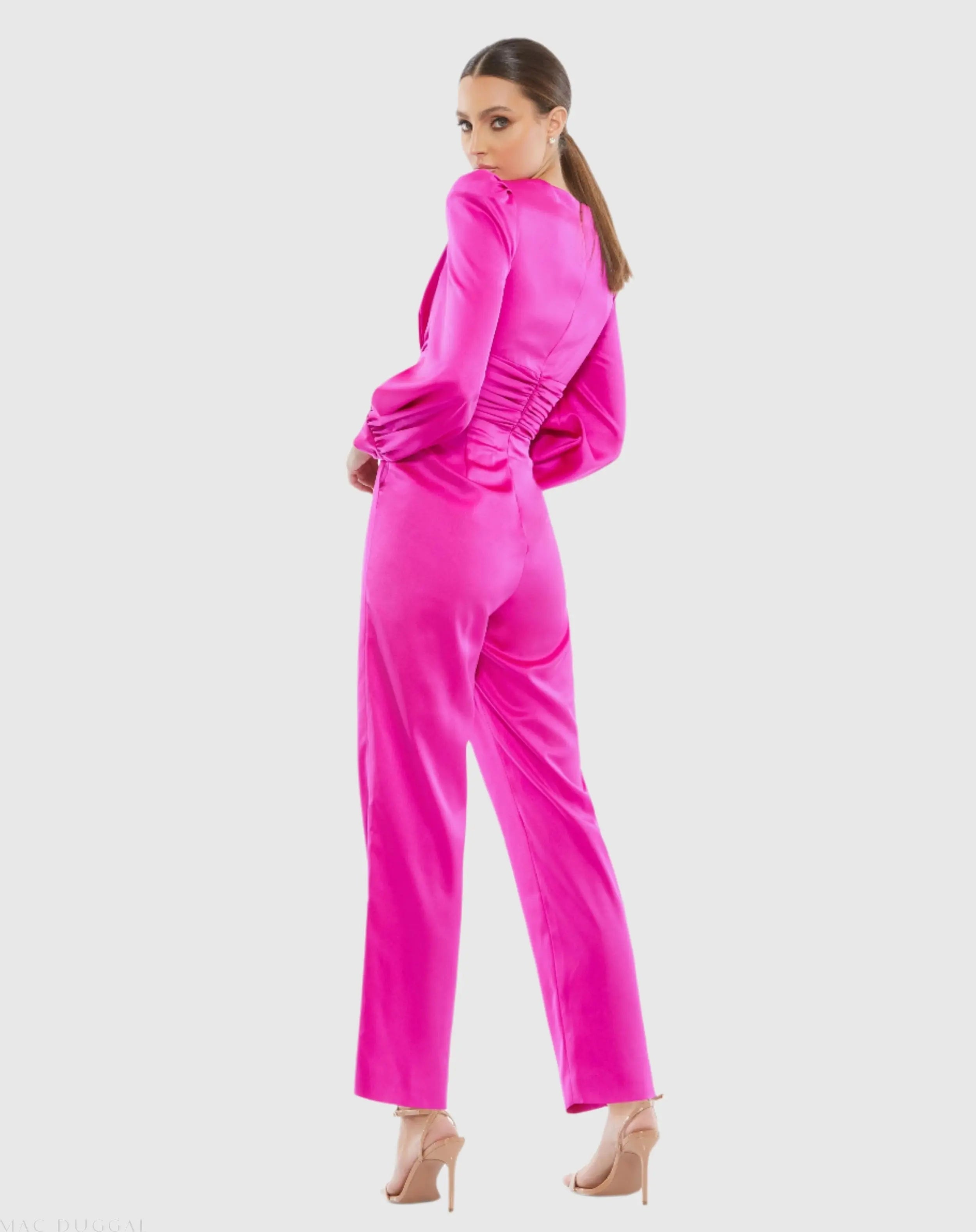 Pink Front Twist Puff Sleeve Deep V Jumpsuit