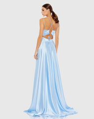 Blue Satin Strappy-Back High Slit Gown