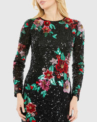 Black Embellished High Neck Cascading Floral Dress
