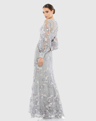 Gray Embellished Illusion High Neck Bishop Sleeve Gown