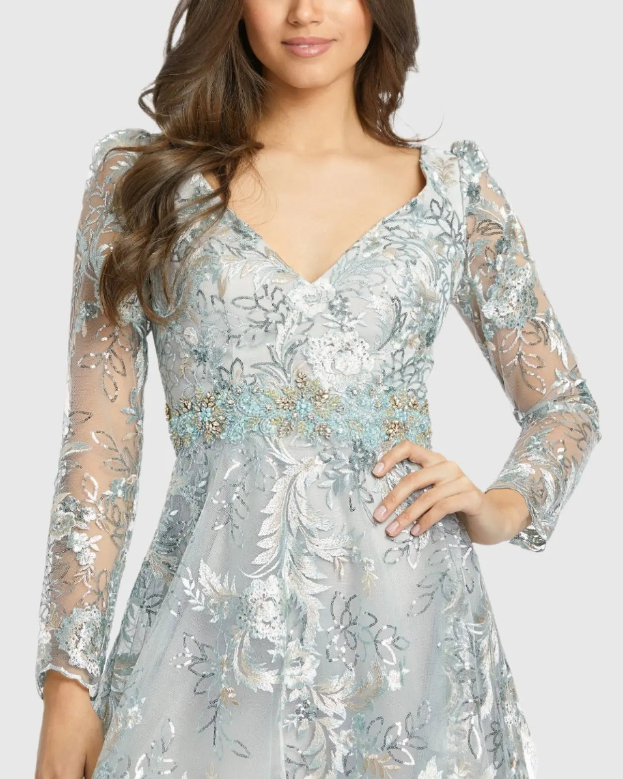 Gray Embellished Illusion Long Sleeve A Line Dress