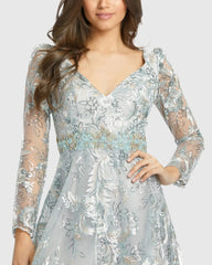 Gray Embellished Illusion Long Sleeve A Line Dress
