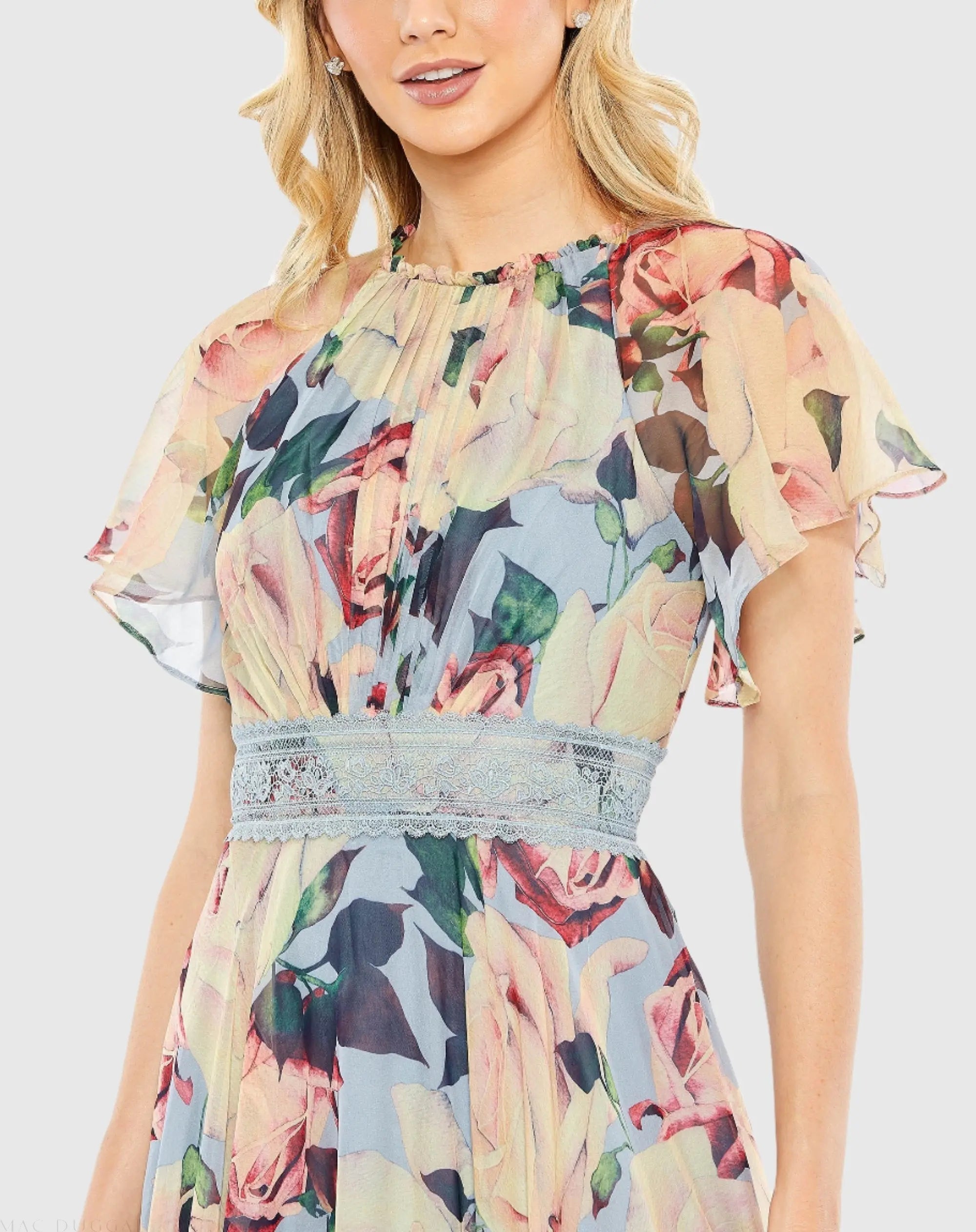 Multicolor Floral Chiffon High Neck Flutter Sleeve Dress