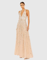 Pink Floral Embellished Halter Strap A Line Gown