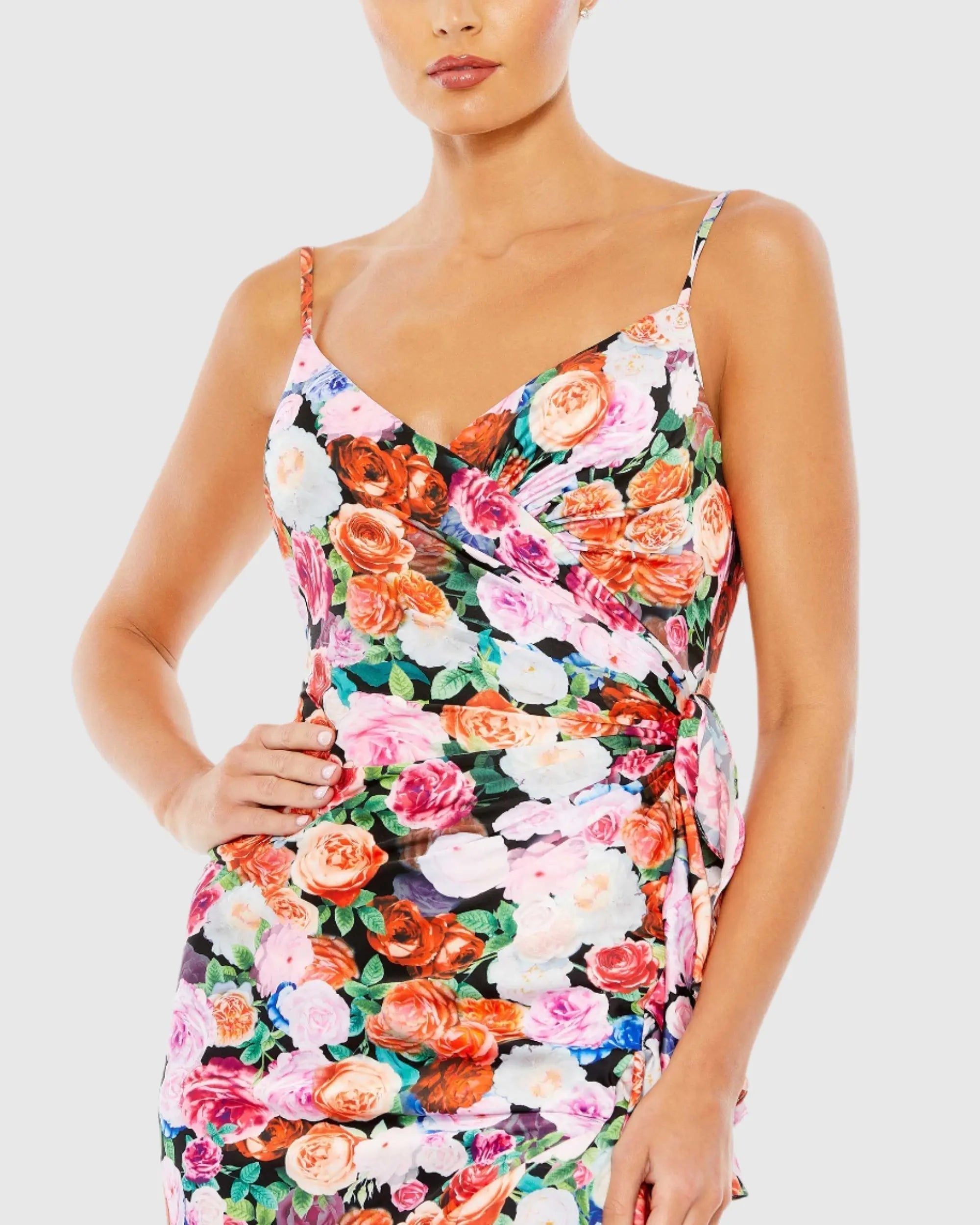 Multicolor Floral Print Asymmetrical Ruffle Hem Gown