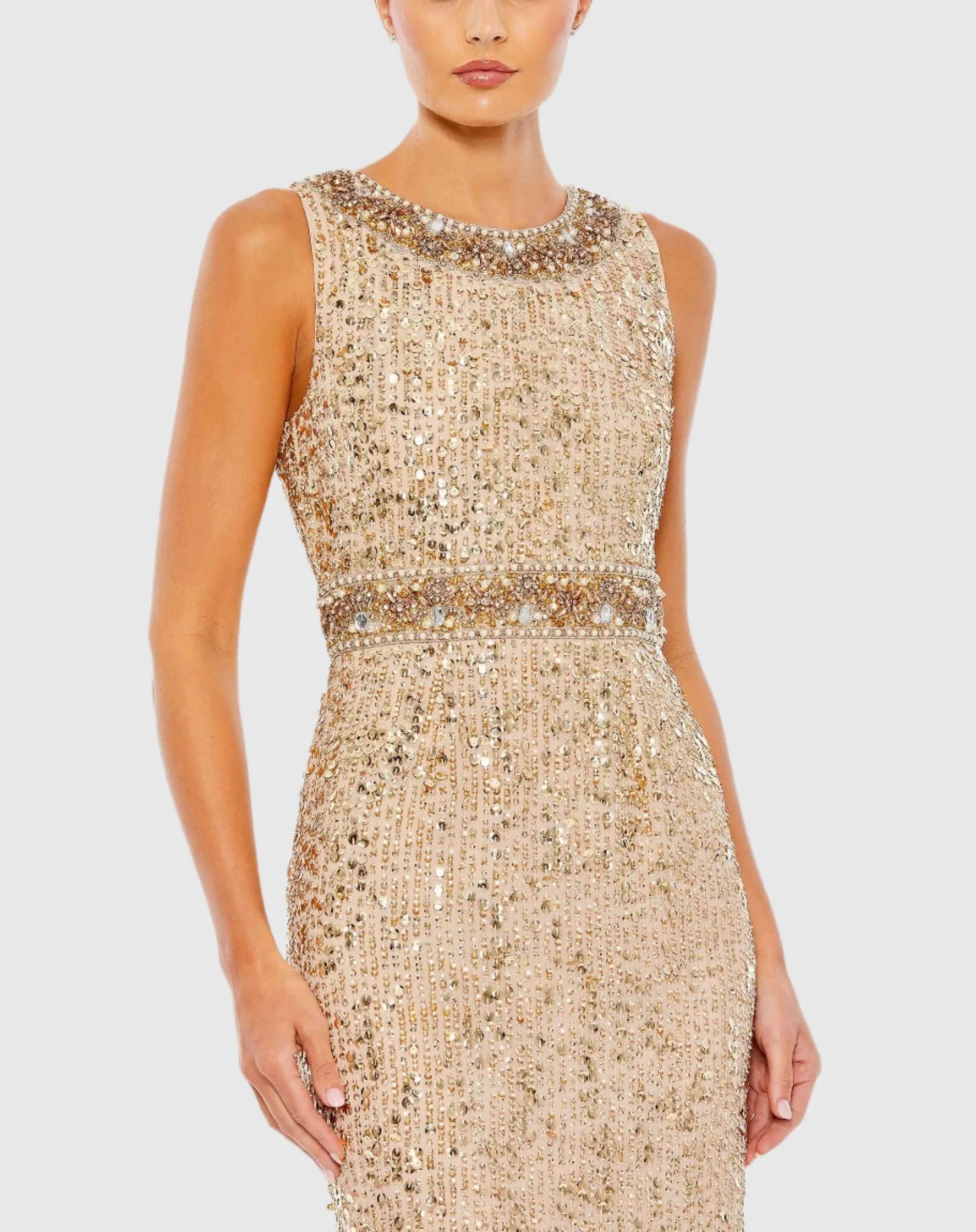 Gold Embellished Sleeveless High Neck Midi Dress