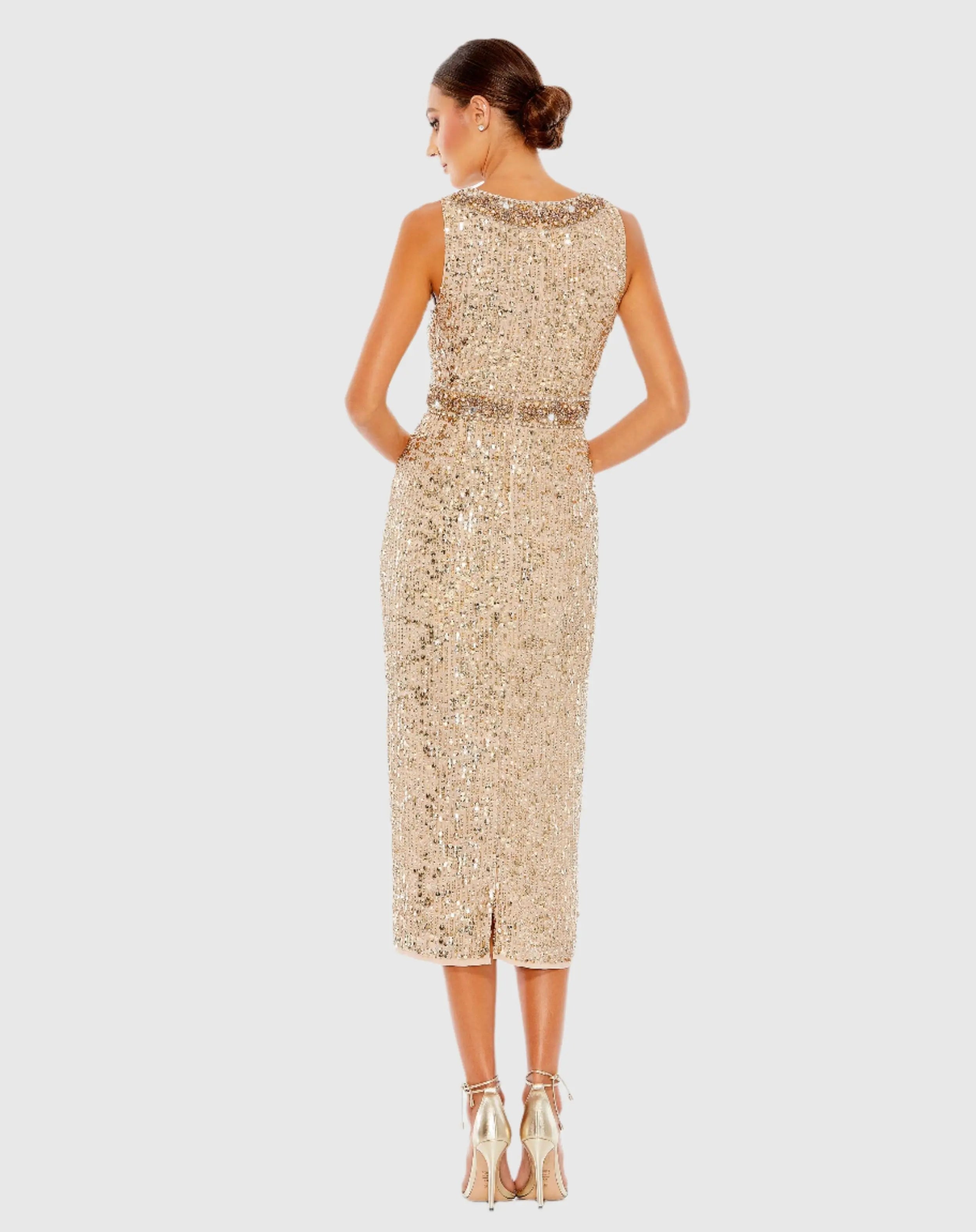 Gold Embellished Sleeveless High Neck Midi Dress