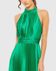 Green Pleated High Neck Satin Sleeveless Halter Gown