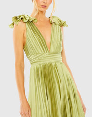 Green Ruffle Top Sleeveless V Neck Pleated Gown
