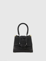 Black Buckled Mini Croco Leather Handbag with Detachable Strap