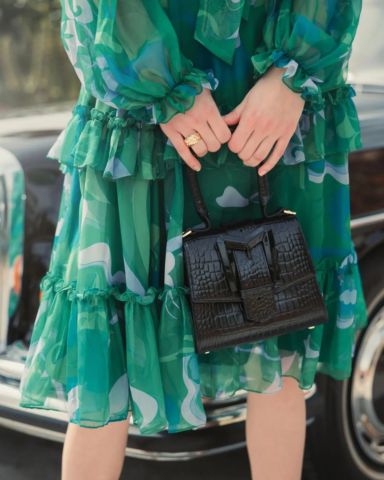 Black Buckled Mini Croco Leather Handbag with Detachable Strap