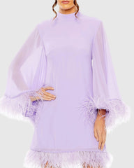 Purple High Neck Cape Sleeve Mini Dress with Feather Trim