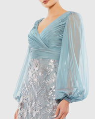 Blue Illusion Puff Sleeve Pleated Bodice Embellished Gown